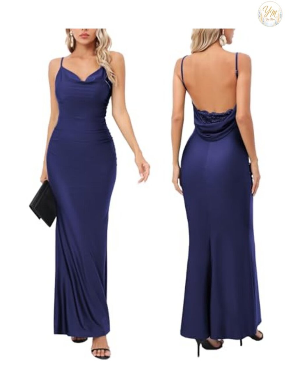 Women Drape Neck Lace Backless Maxi Dress Spaghetti Straps Mermaid Gown